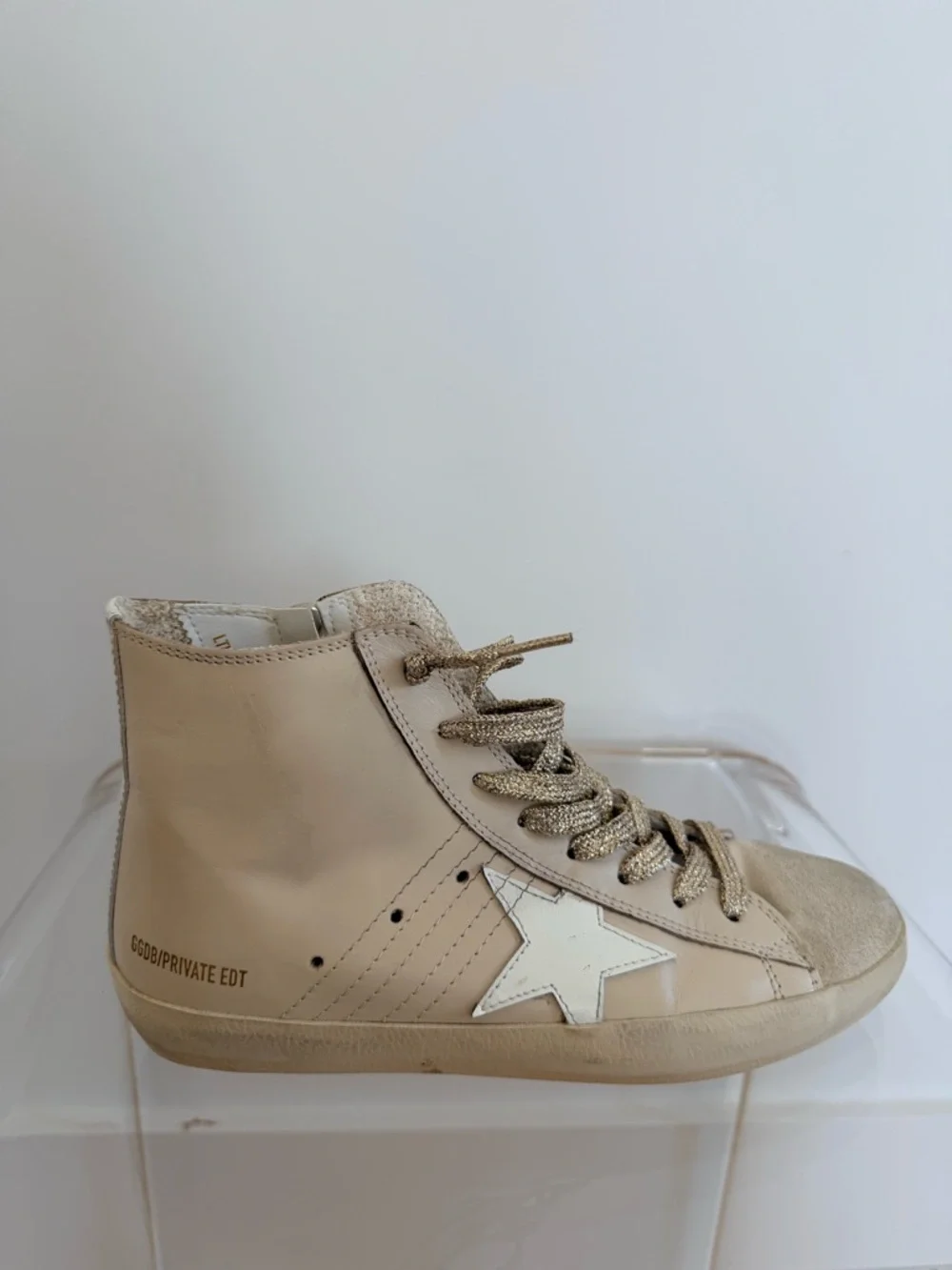 Golden Goose Cream Francy Suede High-Top Sneakers with Gold Metallic Laces - Picture 5 of 6